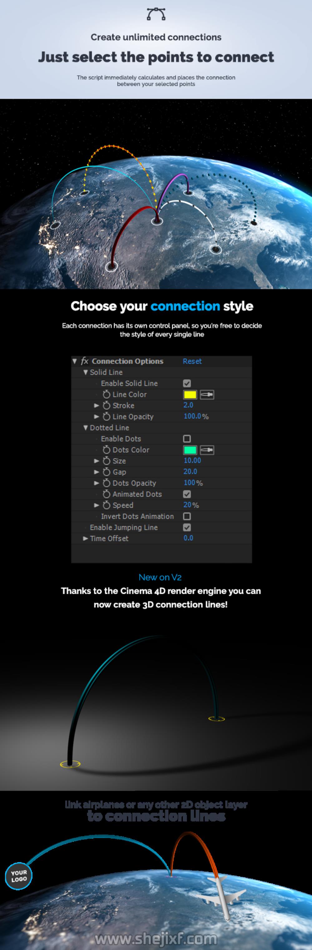 AE模板 科技感三维地球世界地图任意国家地点连线动画 Videohive  3D Earth Connections V2插图4